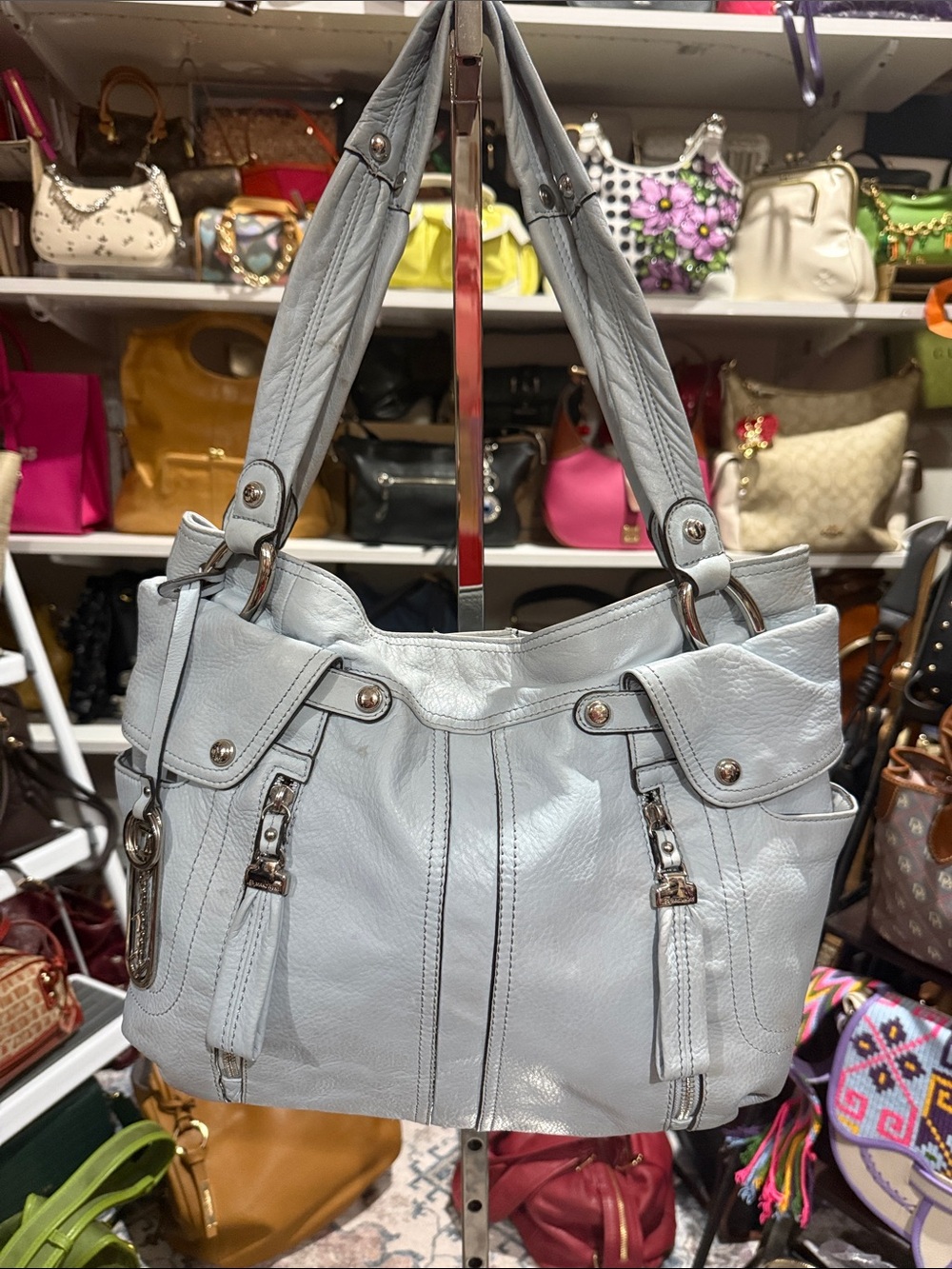 Makowsky Light Blue  Leather Hobo Shoulder Bag - Classic Women's 16 w X 10 H X 7